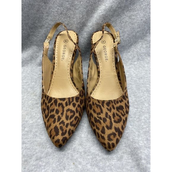George Women’s Pump Heel Sling Back Faux Suede Leopard Print Point Toe Size 8 - Picture 2 of 7